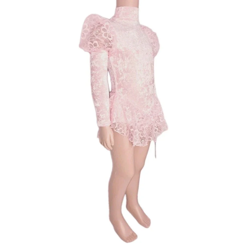 Gilda Marx VTG High Neck Velvet Lace Keyhole Pink Leotard Skate Dress Girls 8/10 - Picture 3 of 16